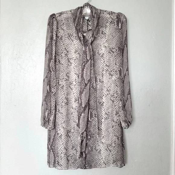 DVF Jezebel Python Grey Print Tie Neck Long Sleeve Shift Mini Dress Size 6 - Picture 1 of 14